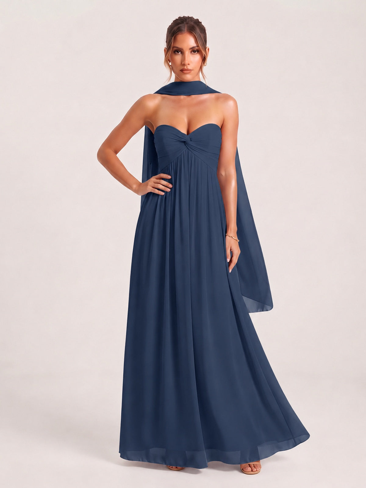 Strapless Ruched Chiffon Long Prom Dress with Scarf