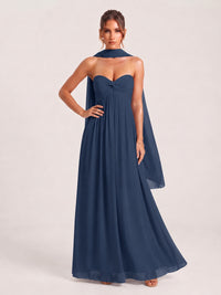 Strapless Ruched Chiffon Long Prom Dress with Scarf