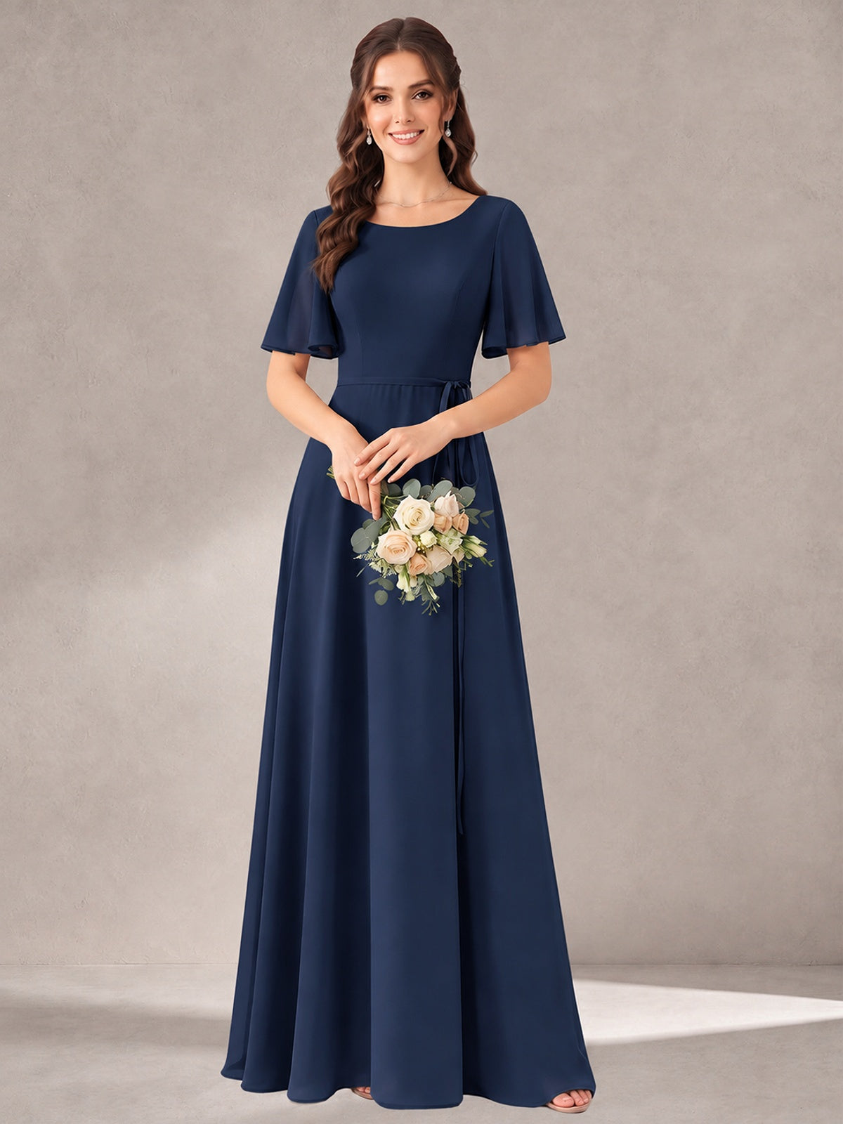 Scoop Neck A-line Chiffon Bridesmaid Dress with Flutter Sleeve & Belt