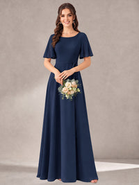 Scoop Neck A-line Chiffon Bridesmaid Dress with Flutter Sleeve & Belt