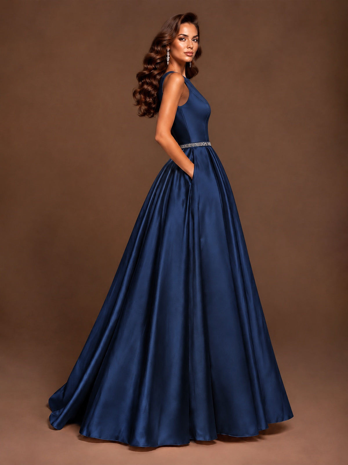 Satin A-Line Prom Dress Sleeveless Beaded Waist Formal Gown with Pockets