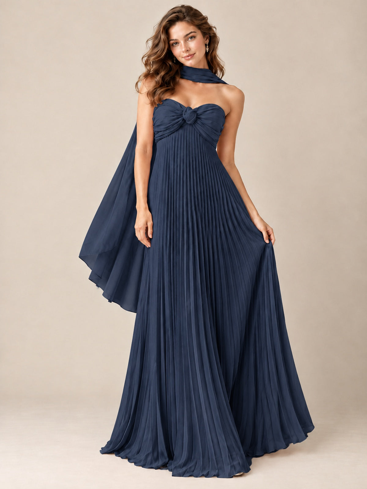Sweetheart Neckline Pleated Prom Dress Strapless A-line Formal Dress with Flowy Scarf