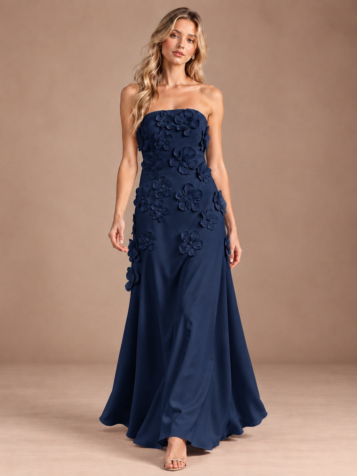 Yellow Strapless A-line Satin Maxi Dress with 3D Floral