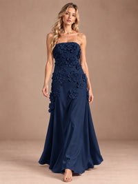 Yellow Strapless A-line Satin Maxi Dress with 3D Floral