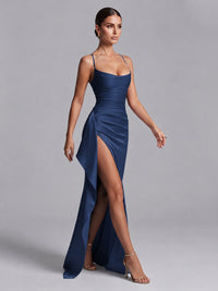 Square Neck Satin Long Prom Dress with Ruffles