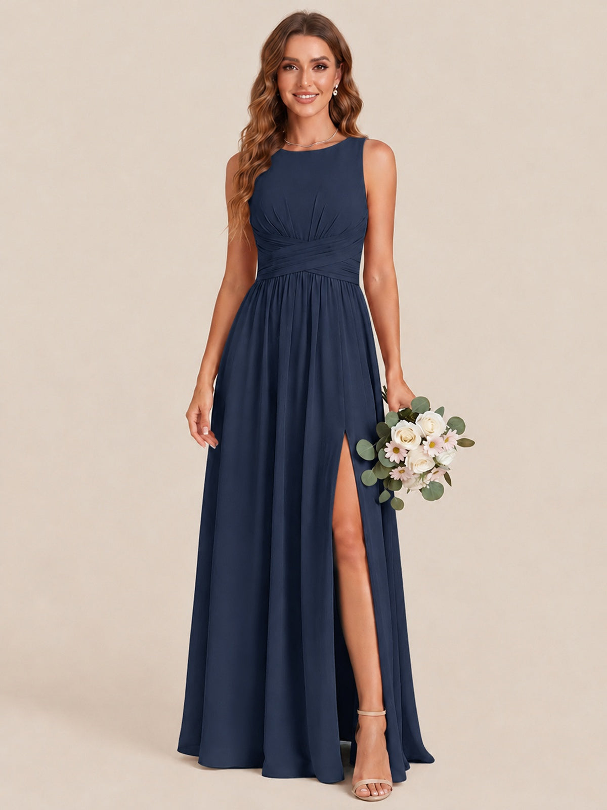 A-line Sleeveless Rucehd Chiffon Bridesmaid Dress with High Slit