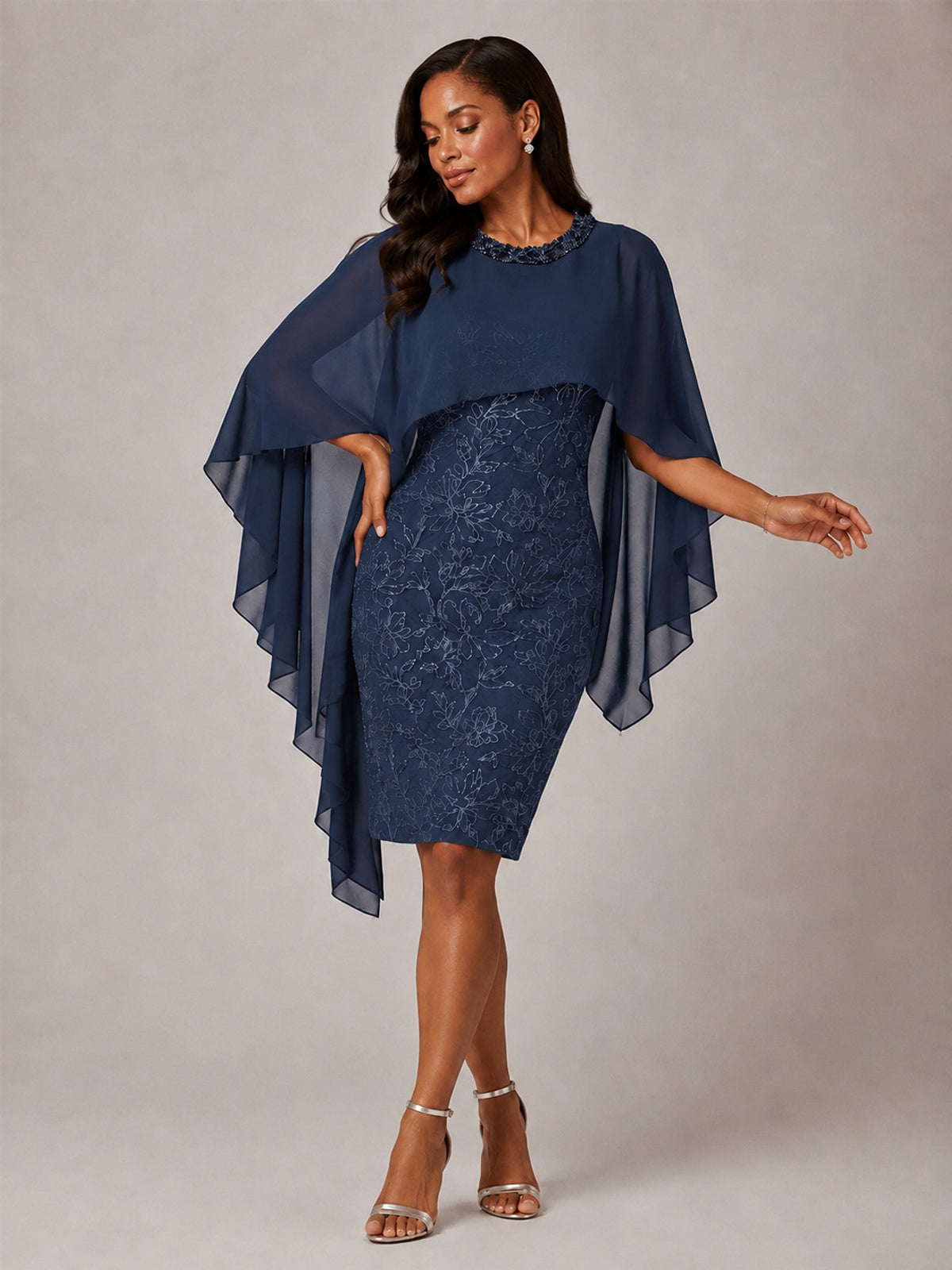 Floral Sheath Mother of the Bride Dress with Cape Overlay