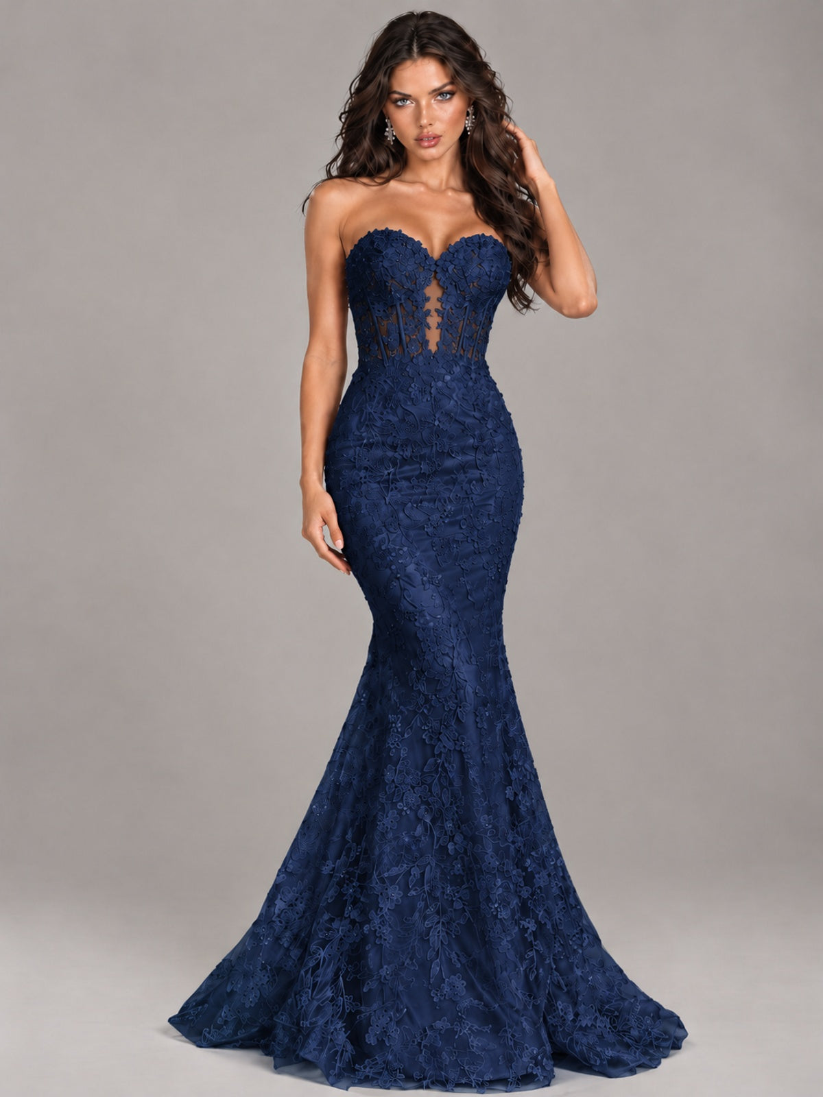 Strapless Corset Mermaid Prom Dress Lace Appliqué Formal Gown