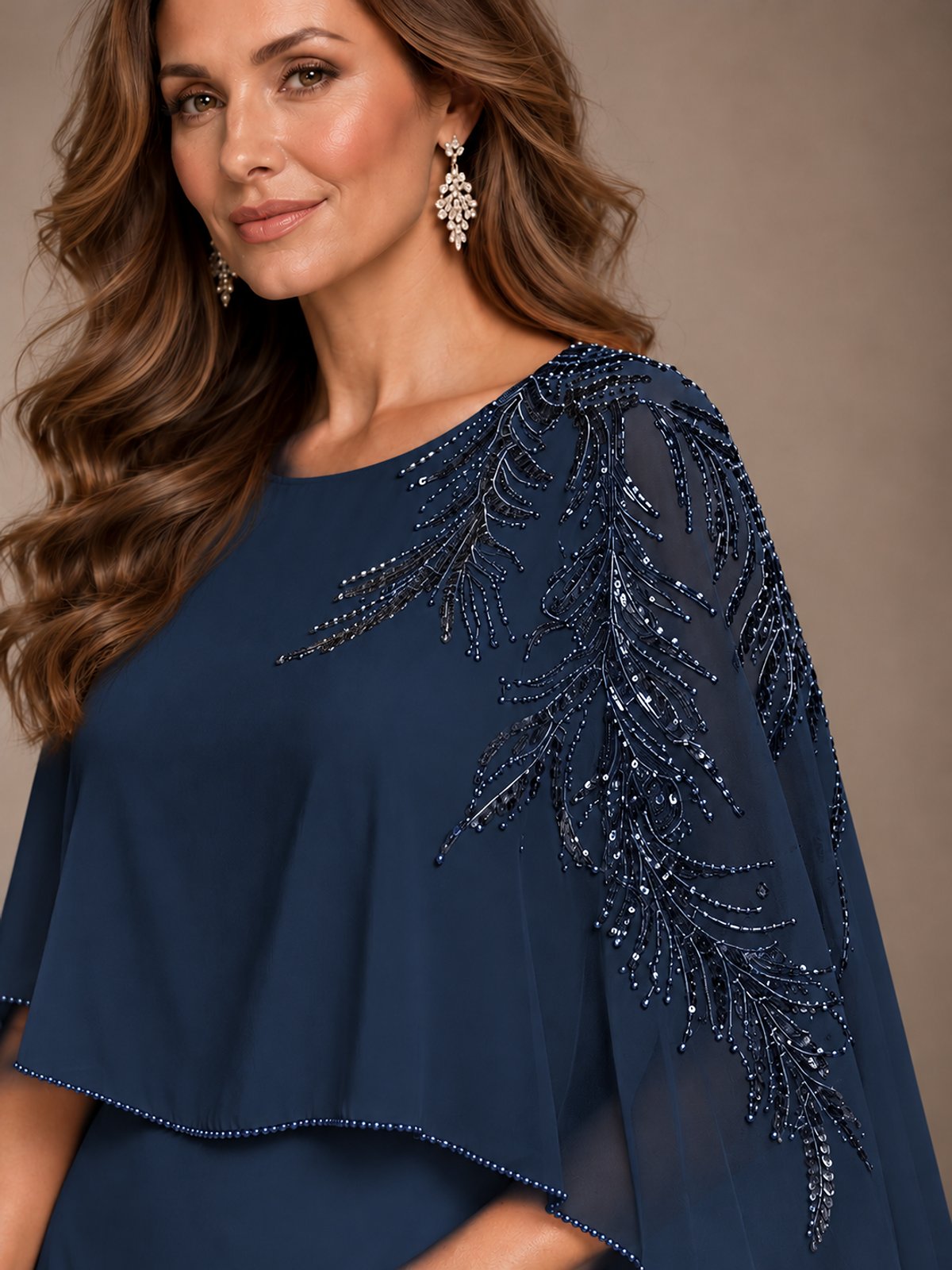 Elegant Chiffon Cape Sleeve Beaded Mother of the Bride Dress
