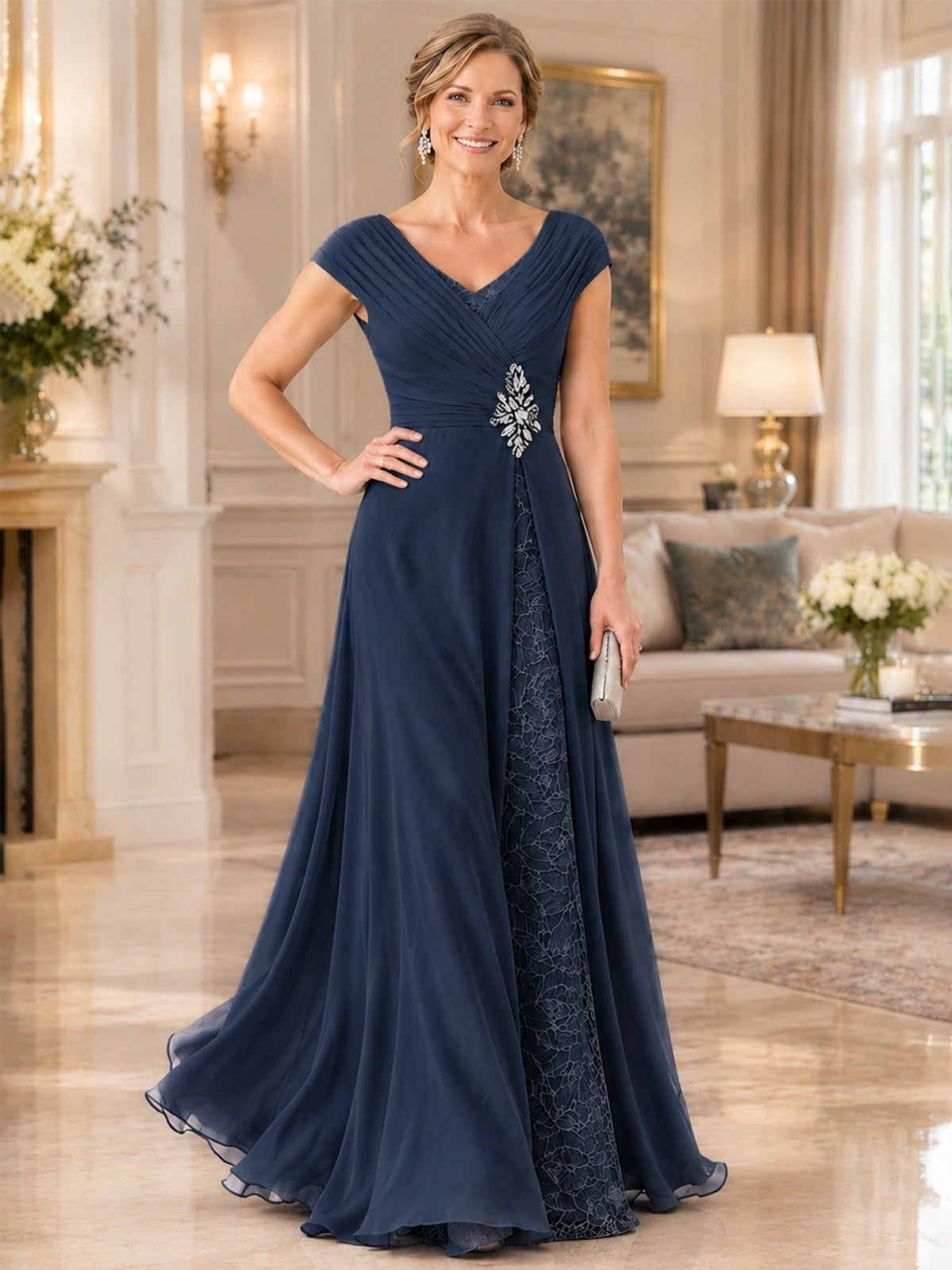 Pleated Chiffon Lace Mother of The Bride Dresses with Beading Cap Sleeves