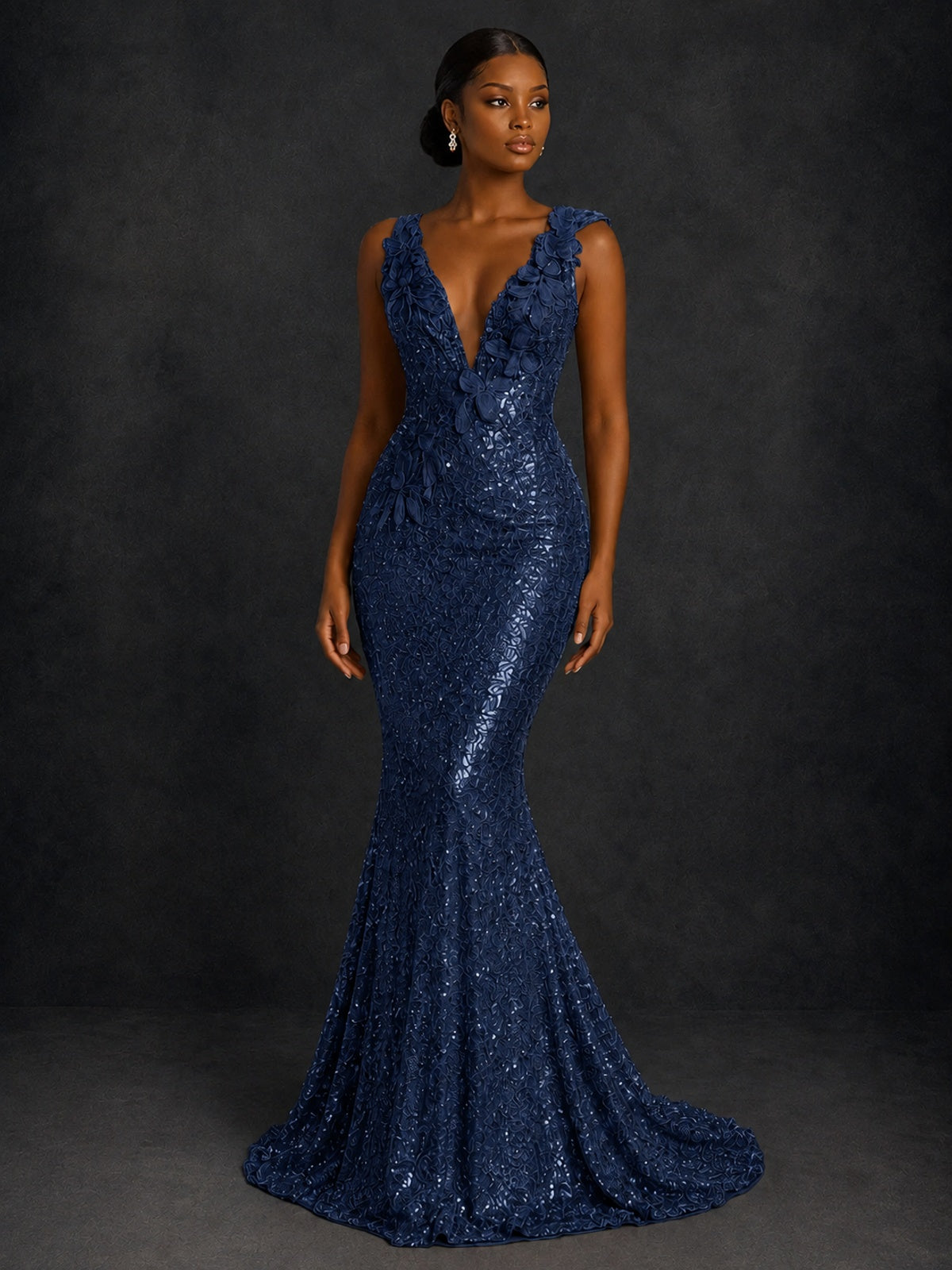 Gold Sequin Floral Applique Mermaid Prom Dress