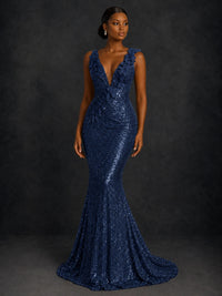 Gold Sequin Floral Applique Mermaid Prom Dress