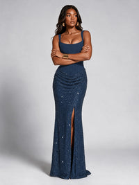 Sequin Corset Mermaid Prom Dress with Square Neck Wide Strap High Slit