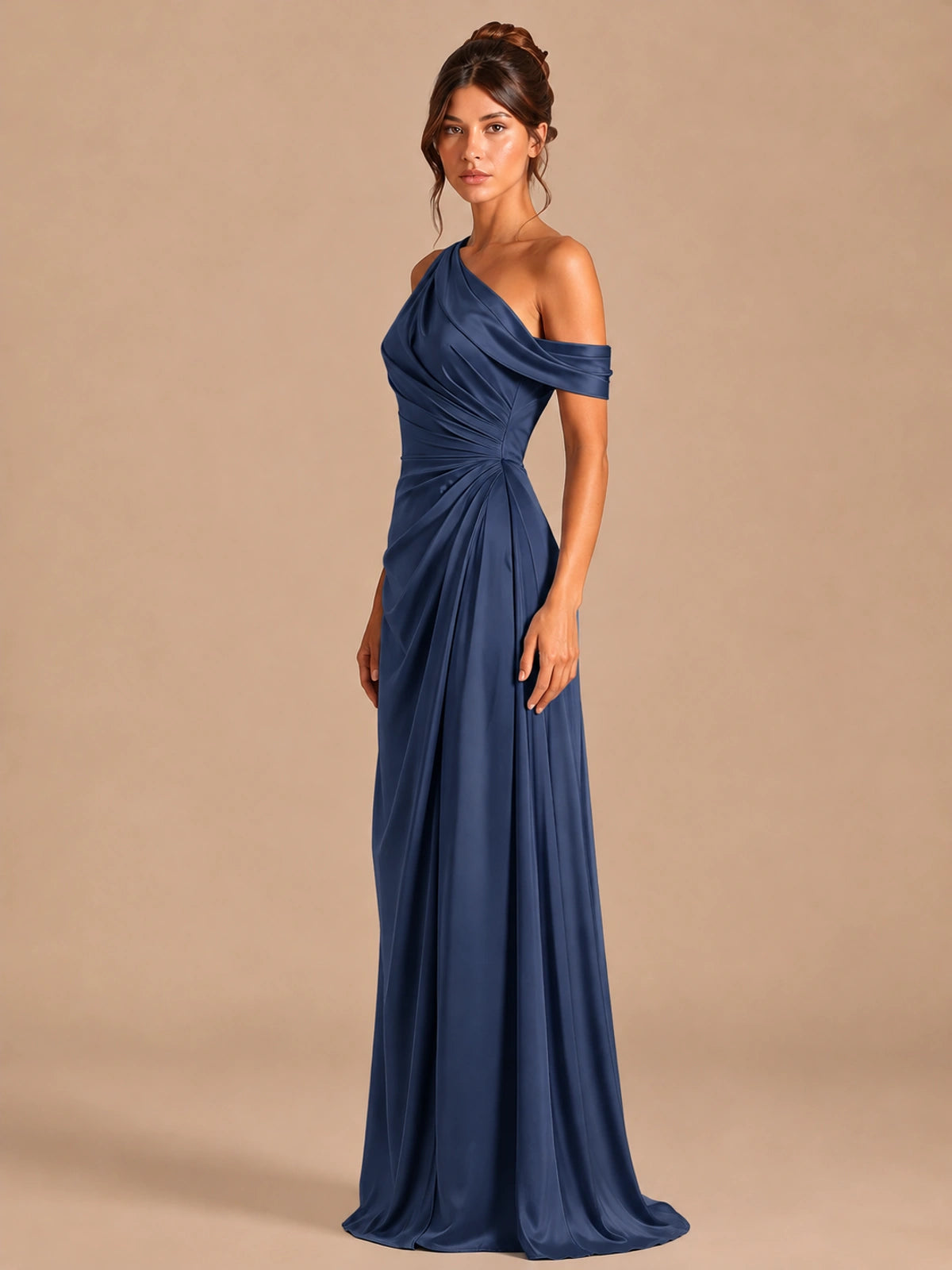 Satin One Shoulder Prom Dress Ruched Long Formal Evening Gown