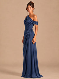 Satin One Shoulder Prom Dress Ruched Long Formal Evening Gown