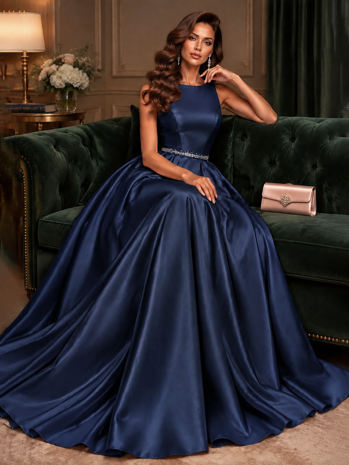 Satin A-Line Prom Dress Sleeveless Beaded Waist Formal Gown with Pockets