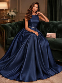 Satin A-Line Prom Dress Sleeveless Beaded Waist Formal Gown with Pockets