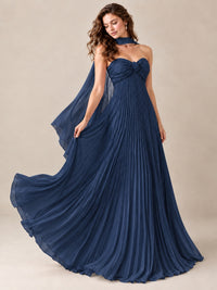 Sweetheart Neckline Pleated Prom Dress Strapless A-line Formal Dress with Flowy Scarf