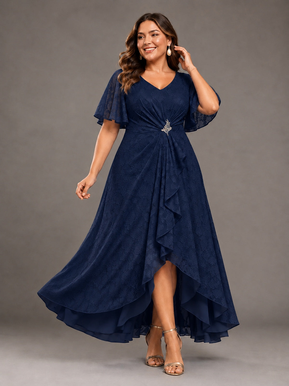Jacquard Chiffon A-Line V-Neck High-Low Mother of the Bride Dress