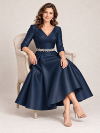 V-Neck Tea-Length Mother of the Bride Dress with Embellished Waist