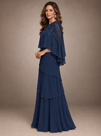 Elegant Chiffon Cape Sleeve Beaded Mother of the Bride Dress