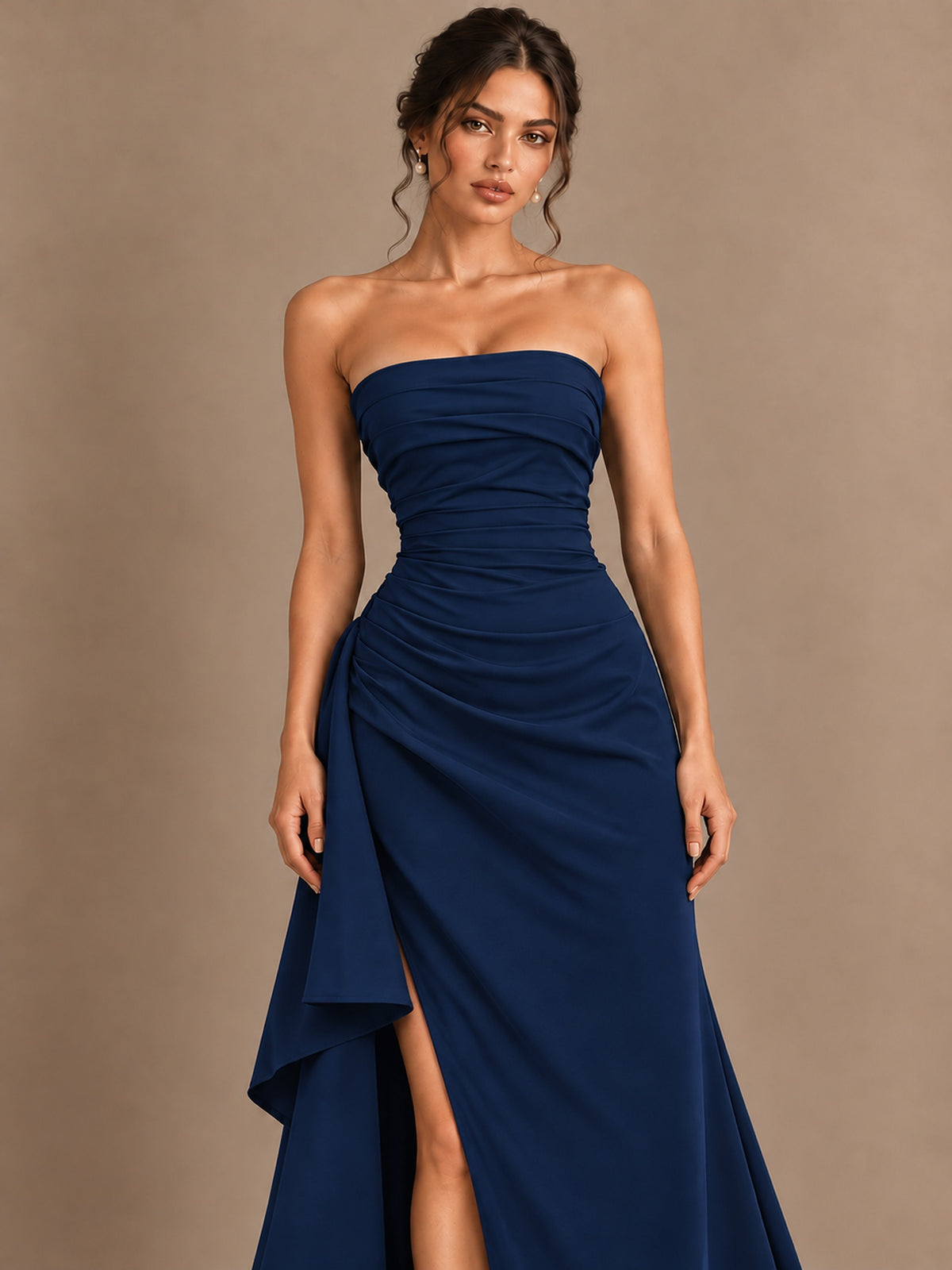 Black and White Strapless Ruched Prom Dress with High Slit & Side Drape