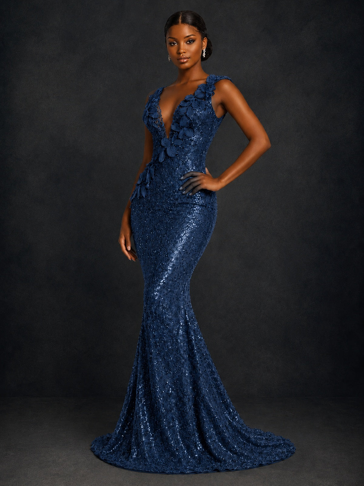 Gold Sequin Floral Applique Mermaid Prom Dress