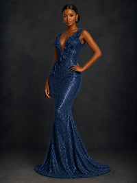 Gold Sequin Floral Applique Mermaid Prom Dress