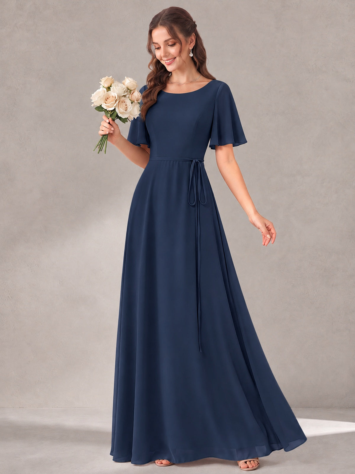 Scoop Neck A-line Chiffon Bridesmaid Dress with Flutter Sleeve & Belt