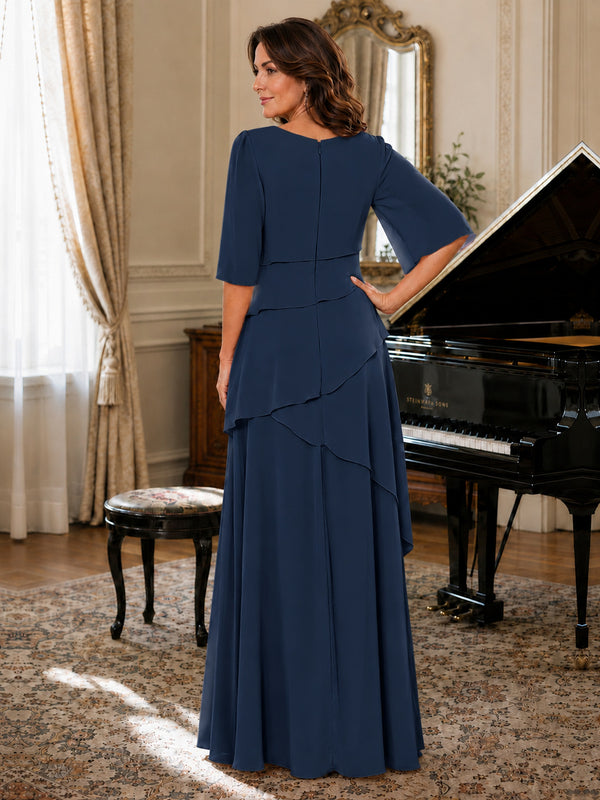 Asymmetric Draped Chiffon Mother of the Bride Dress with Flutter Sleeves