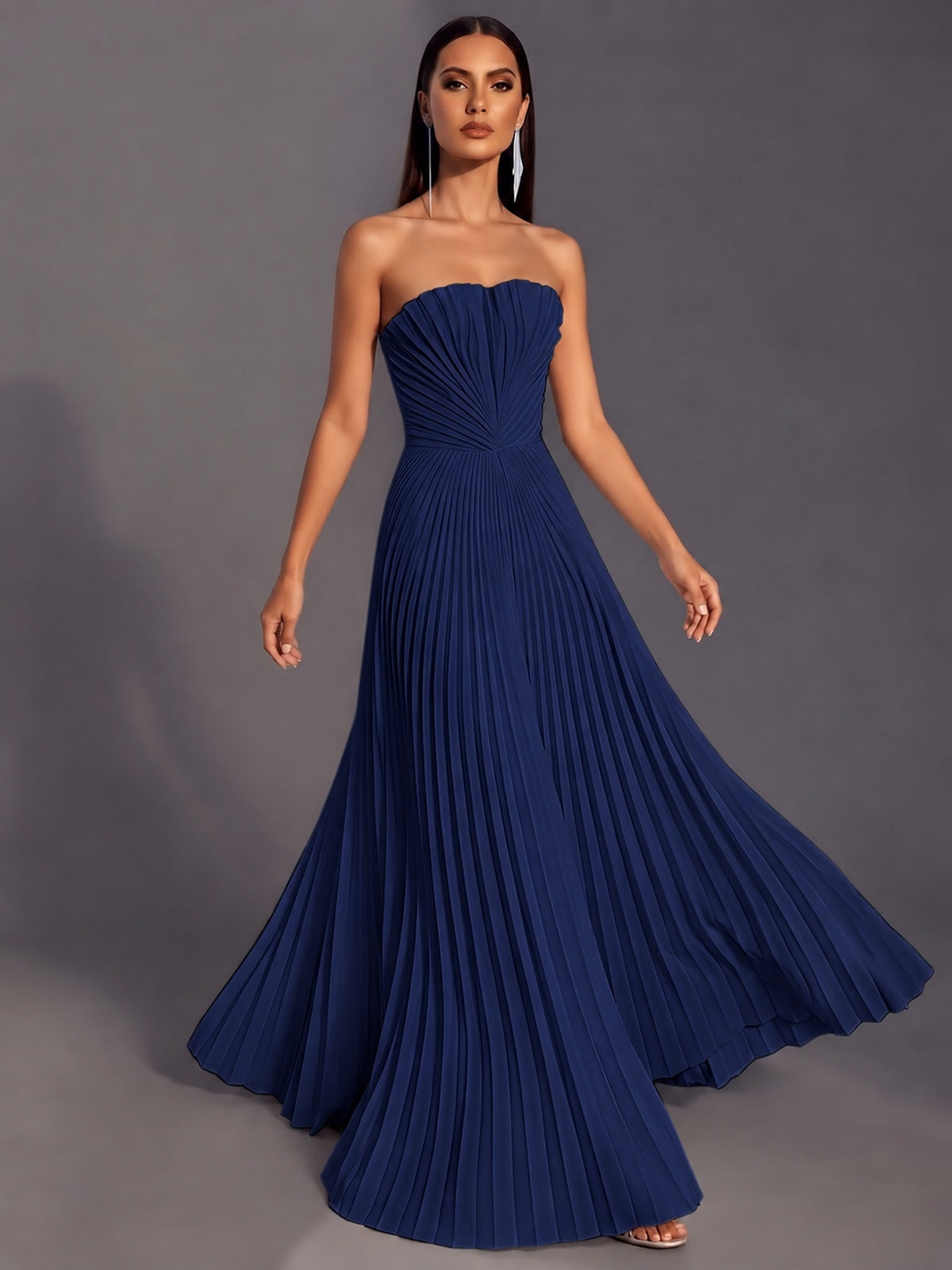 Strapless A-line Long Pleated Satin Prom Dress