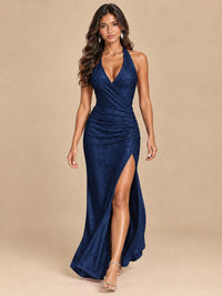 Halter V-Neck Sequin Mermaid Prom Dress with High Slit