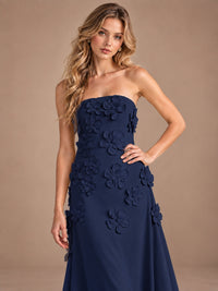 Yellow Strapless A-line Satin Maxi Dress with 3D Floral