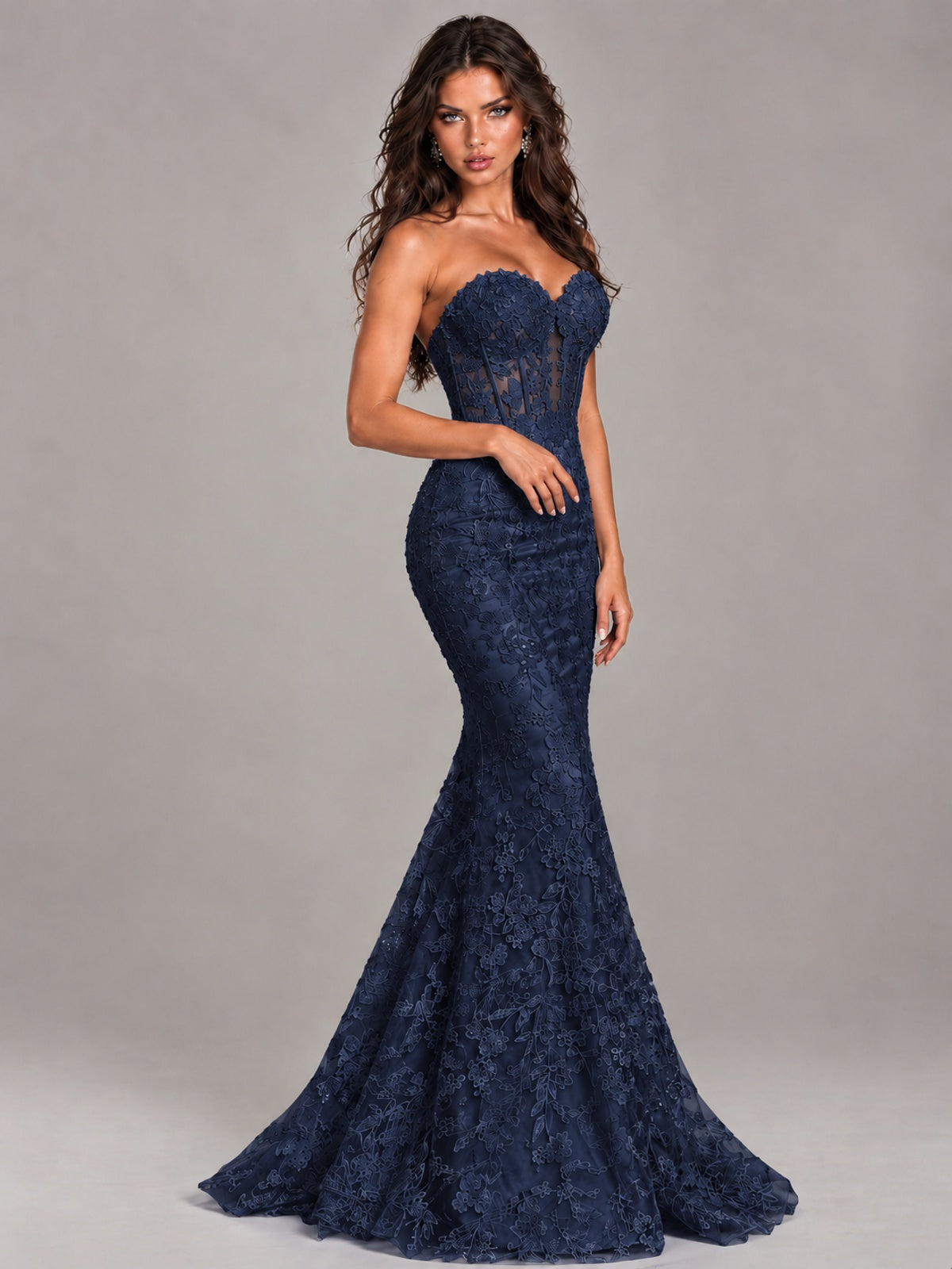 Strapless Corset Mermaid Prom Dress Lace Appliqué Formal Gown
