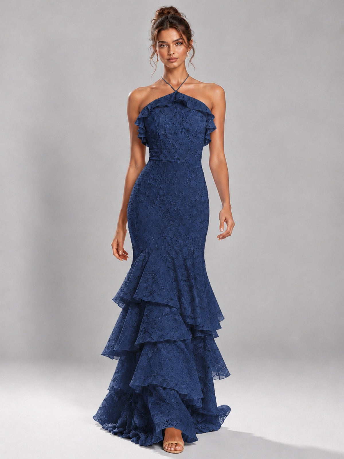 Halter Tiered Mermaid Prom Dress with Sparkly Lace