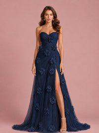 3D Floral Applique Strapless Tulle Prom Dress with High Slit
