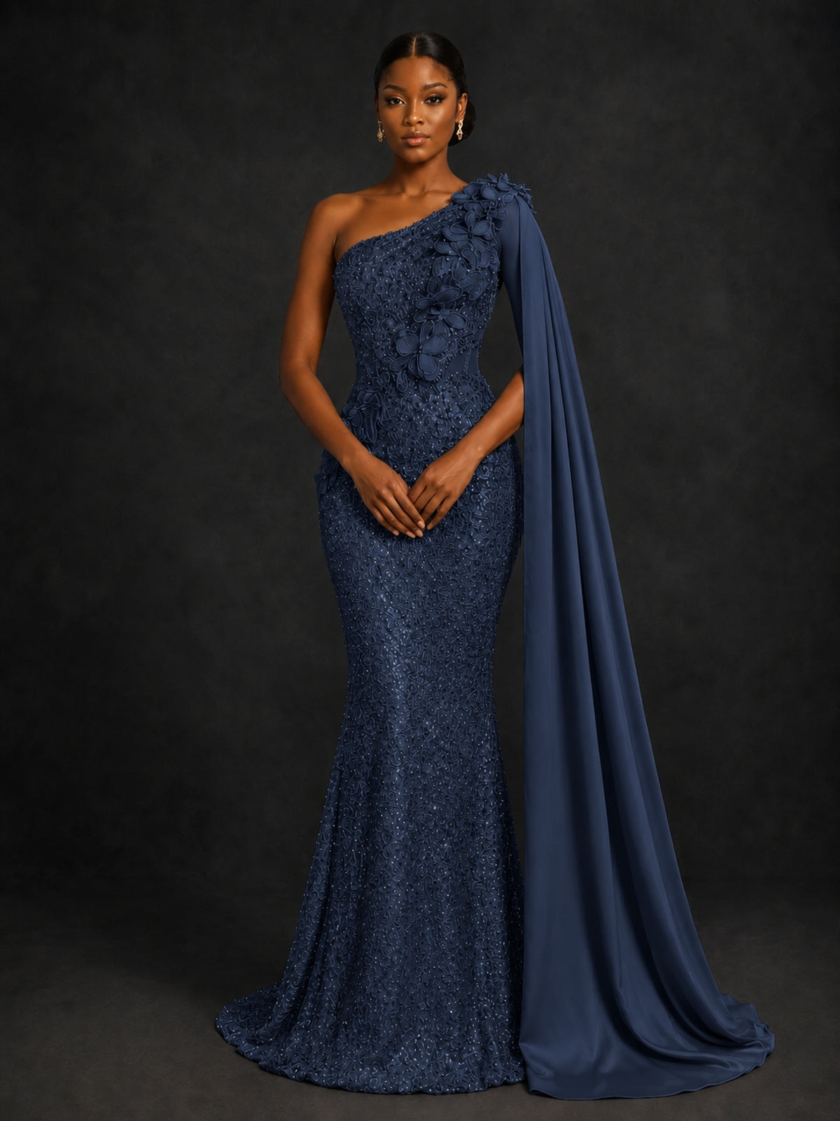 Gold Sequin One Shoulder Mermaid Prom Dress with Cape