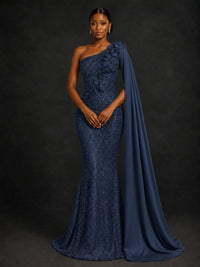 Gold Sequin One Shoulder Mermaid Prom Dress with Cape