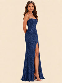 Sequin Lace Appliques Mermaid Prom Dress Spaghetti Strap Formal Gowns with Slit