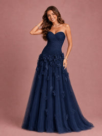 Blush Pink Strapless Sweetheart 3D Floral Tulle Ball Gown Prom Dres