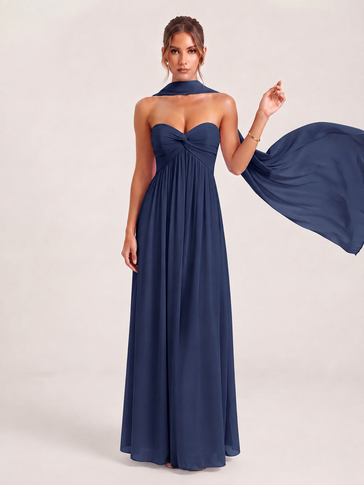 Strapless Ruched Chiffon Long Prom Dress with Scarf
