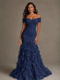 Pink Off-the-Shoulder Mermaid Prom Dress with Ruffles 3D Flowers