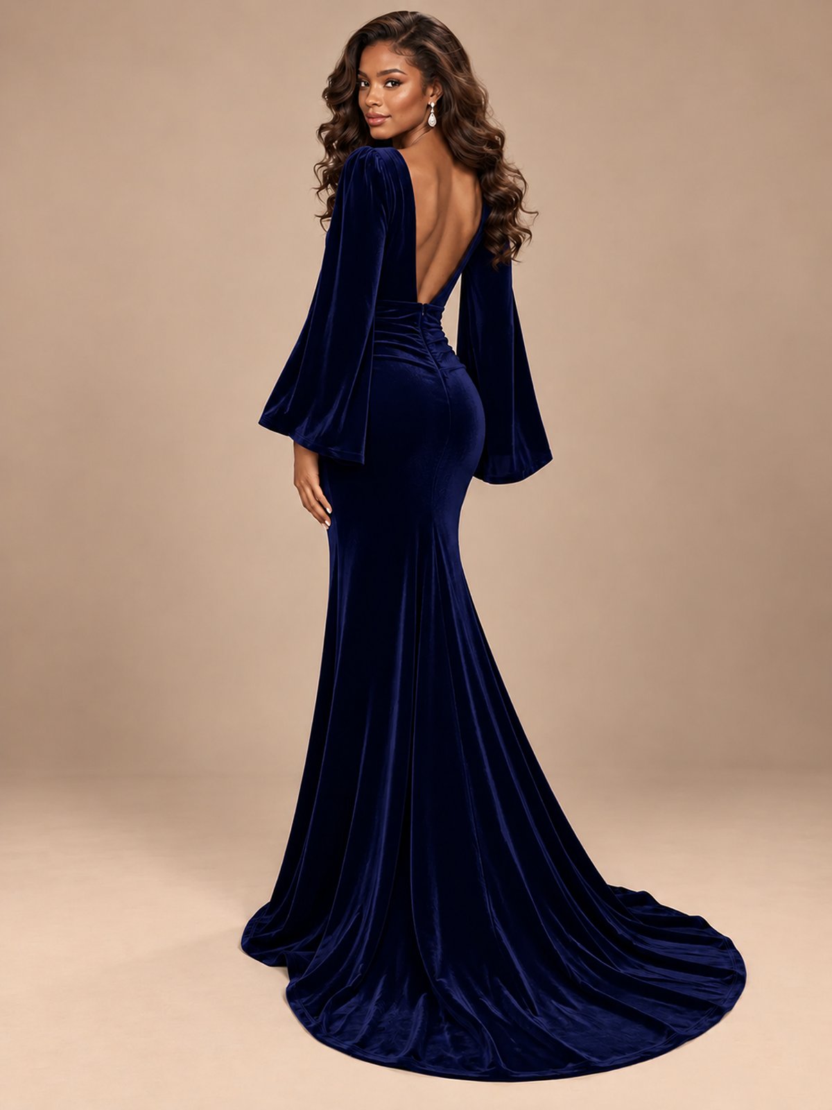 Burgundy Velvet Deep V-Neck Ruched Long Sleeve Maxi Dress