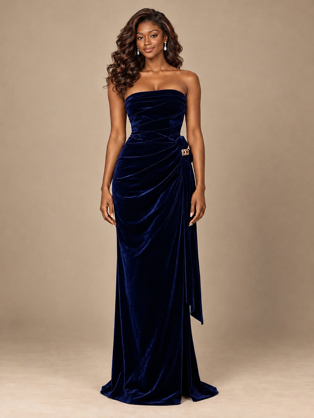 Burgundy Velvet Strapless Ruched Prom Dress with Jeweled Side Drape