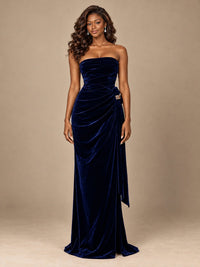 Burgundy Velvet Strapless Ruched Prom Dress with Jeweled Side Drape