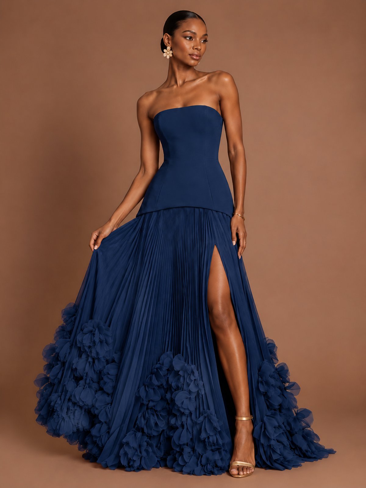 Strapless Pleated Floral Satin Formal Dress with Side Slit