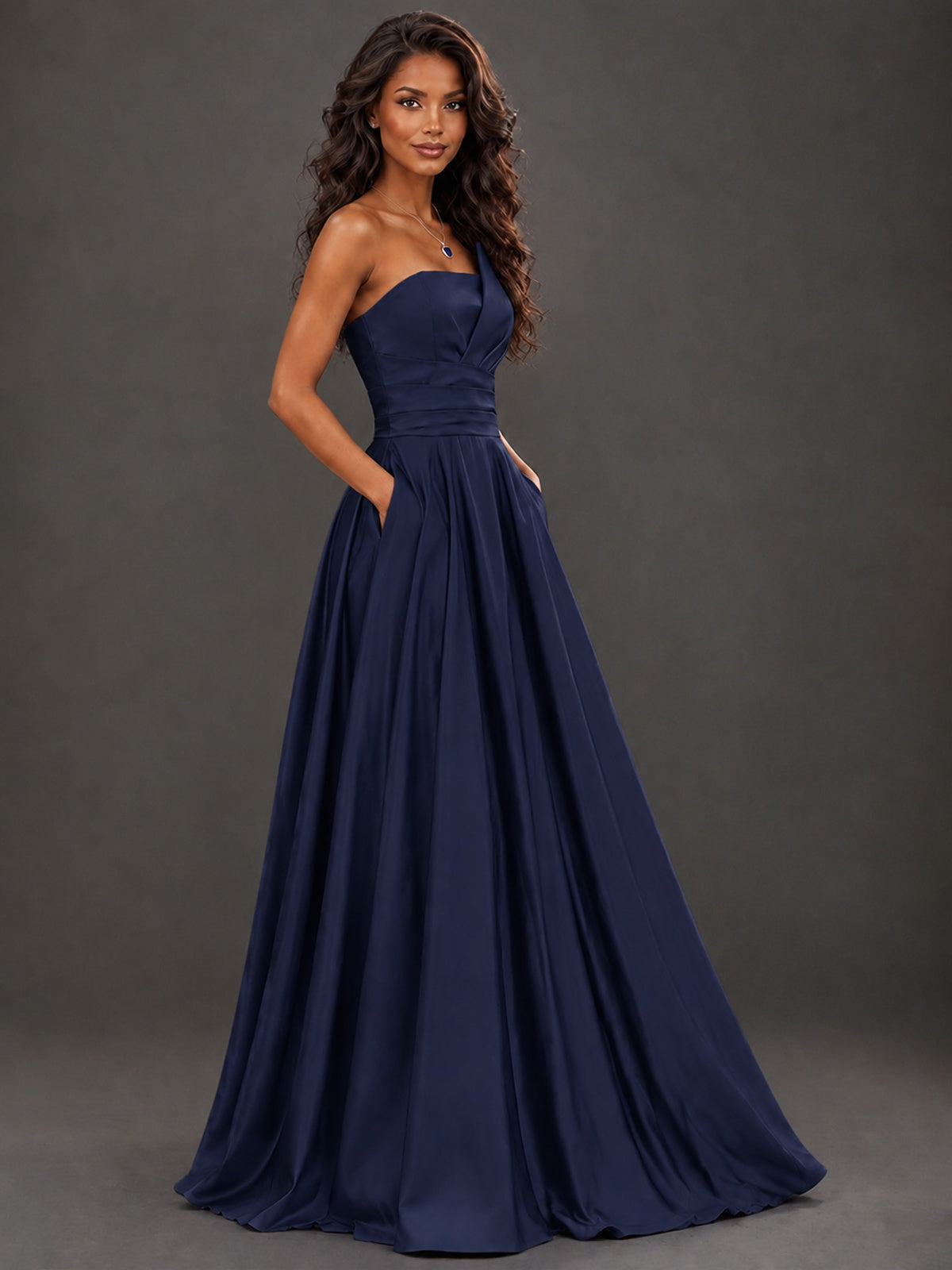 Draped Satin Prom Dress Strapless A-line Formal Dress Floor Length