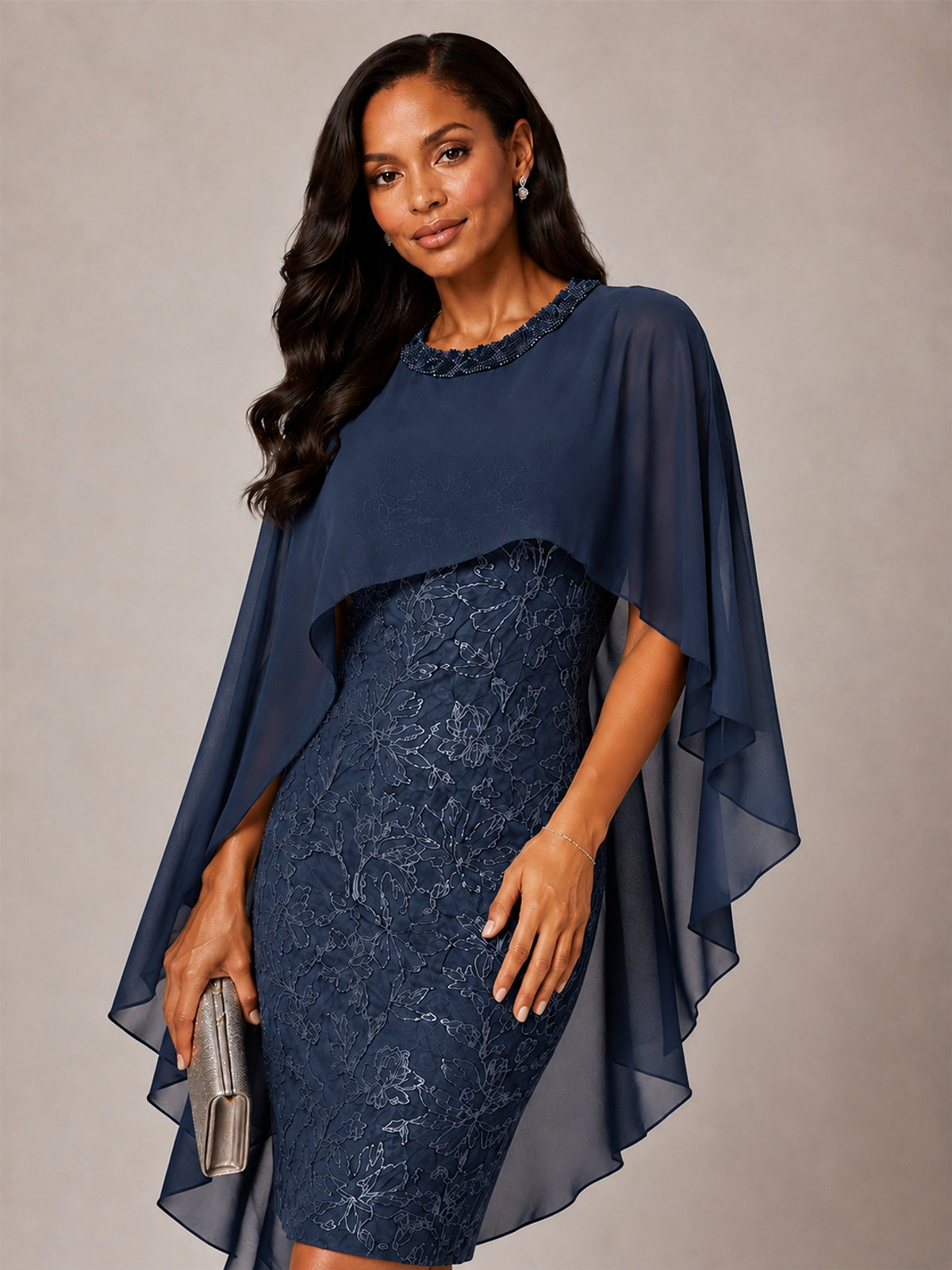 Floral Sheath Mother of the Bride Dress with Cape Overlay