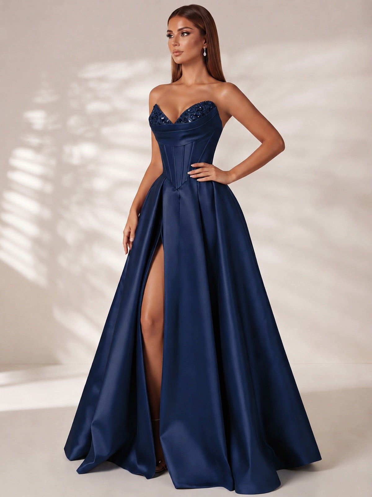 Strapless Corset Satin Prom Dress Long Evening Gown with High Slit