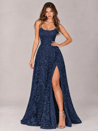 Floral Lace A-Line Prom Dress with Spaghetti Straps & High Slit